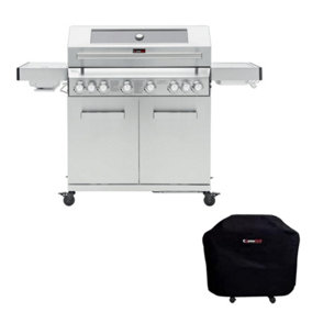 CosmoGrill Stainless Steel Yamara 6+2 Gas BBQ, Viewing Glass, 6 Main Burners with Cover