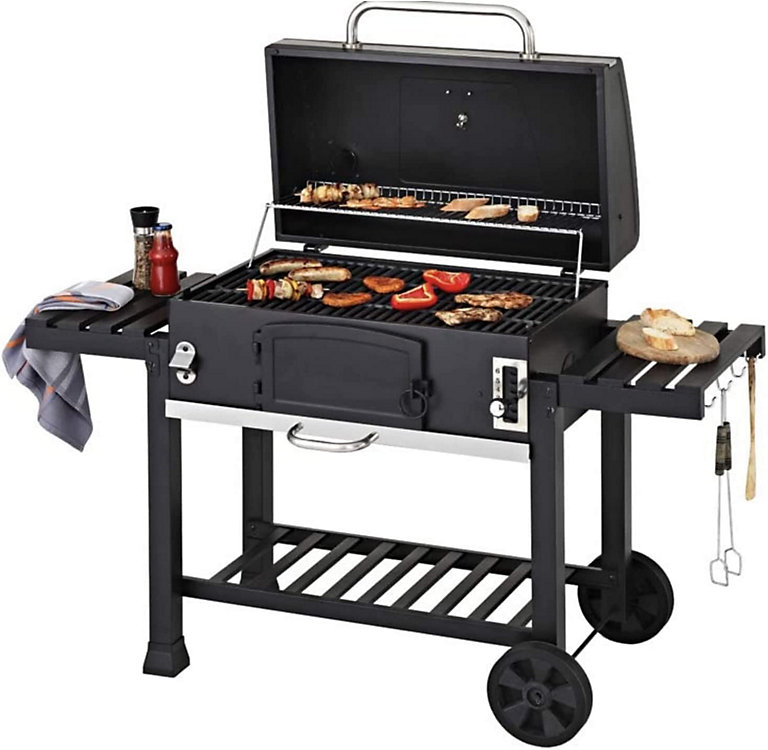 Tray B&Q Charcoal Smoker Side with DIY at and | Vents CosmoGrill Black Foldable XXL Barbecue Wheels