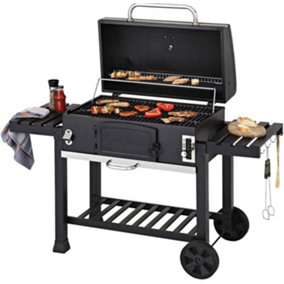 CosmoGrill XXL Smoker Black Charcoal Barbecue with Wheels Foldable Side Tray and Vents