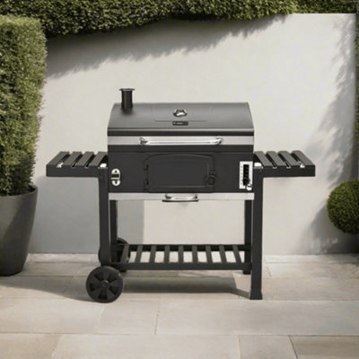 CosmoGrill XXL Smoker Black Charcoal Barbecue with Wheels Foldable Side Tray