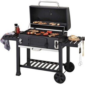 CosmoGrill XXL Smoker Black Charcoal Barbecue with Wheels Foldable Side Tray