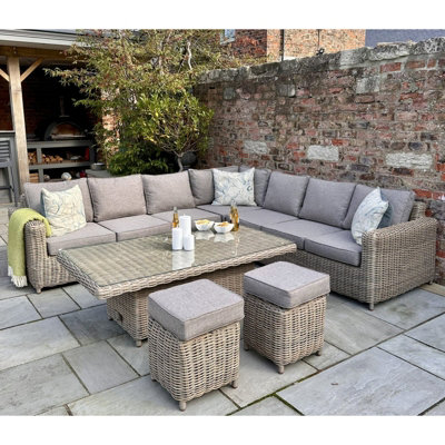 Costa Outdoor Large Cream Wicker Corner Set with Glass Riser Table and ...