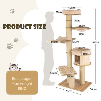 Costway 1.9M Cat Tree Multi-Level Wooden Cat Tower Activity Center w/ Scratch Posts