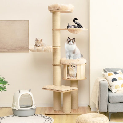 Costway 1.9M Cat Tree Multi-Level Wooden Cat Tower Activity Center w/ Scratch Posts - 3
