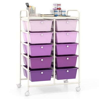 COSTWAY 10-Drawer Storage Cart Rolling Cart w/Universal Wheel & Handle-Purple