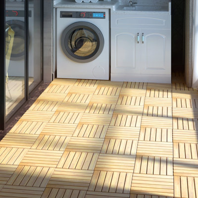 COSTWAY 10 PCS Wood Tiles Acacia Wood Interlocking Floor Tiles 30cm x 30cm