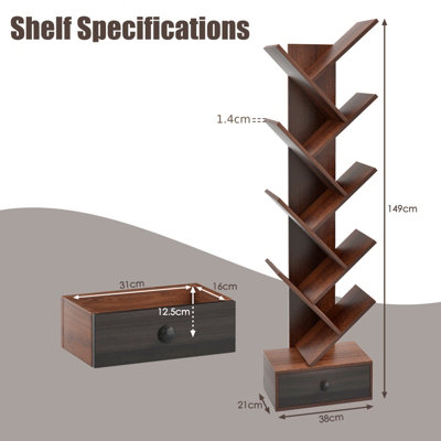 Costway 10 Tiers Tree Shaped Bookshelf Display Bookcase Storage Rack Shelves with Drawer - 3