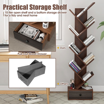Costway 10 Tiers Tree Shaped Bookshelf Display Bookcase Storage Rack Shelves with Drawer - 6