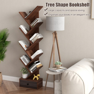 Costway 10 Tiers Tree Shaped Bookshelf Display Bookcase Storage Rack Shelves with Drawer - 7