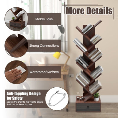 Costway 10 Tiers Tree Shaped Bookshelf Display Bookcase Storage Rack Shelves with Drawer - 8