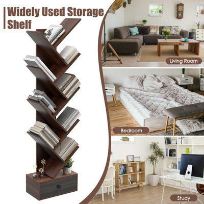 Costway 10 Tiers Tree Shaped Bookshelf Display Bookcase Storage Rack Shelves with Drawer - 9