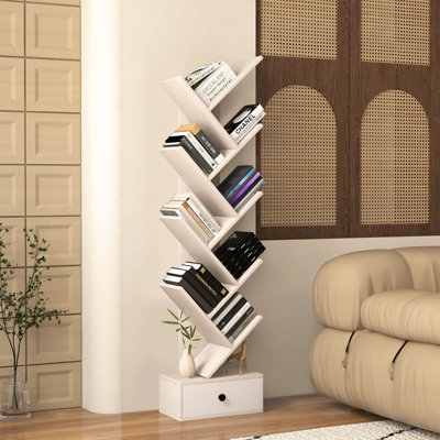 Costway 10 Tiers Tree Shaped Bookshelf Display Bookcase Storage Rack Shelves with Drawer