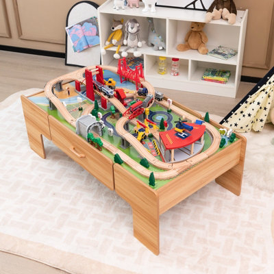 Costway 100 PCS Kids Wooden Train Kids Track Railway Set Activity