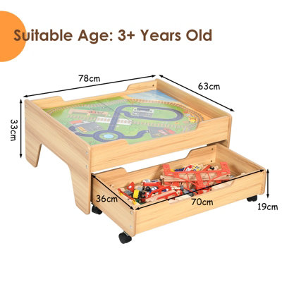 Costway 100 PCS Kids Wooden Train Track Railway Set Activity Table W/ Rolling Drawer