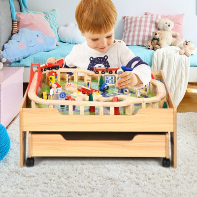 Costway 100 PCS Kids Wooden Train Track Railway Set Activity Table W/ Rolling Drawer - 3