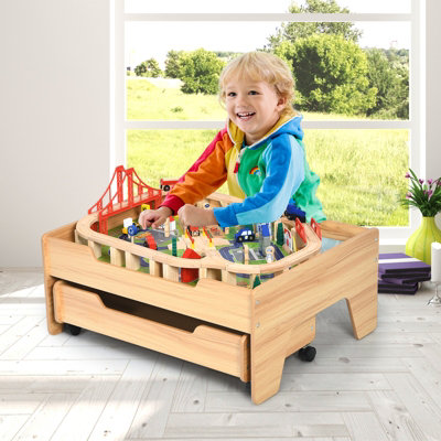 Costway 100 PCS Kids Wooden Train Track Railway Set Activity Table W/ Rolling Drawer - 4