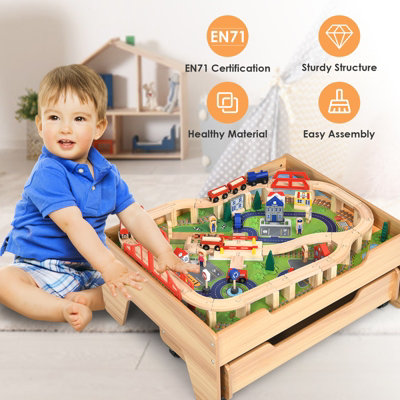 Costway 100 PCS Kids Wooden Train Track Railway Set Activity Table W Rolling Drawer DIY at B Q