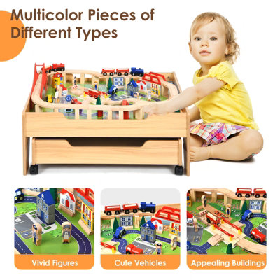 Costway 100 PCS Kids Wooden Train Track Railway Set Activity Table W/ Rolling Drawer - 6