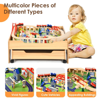 Costway 100 PCS Kids Wooden Train Track Railway Set Activity Table W Rolling Drawer