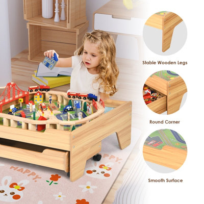 Costway 100 PCS Kids Wooden Train Track Railway Set Activity Table W/ Rolling Drawer - 8