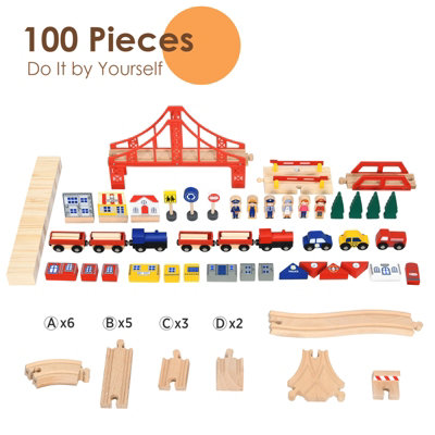 Costway 100 PCS Kids Wooden Train Track Railway Set Activity Table W/ Rolling Drawer - 9