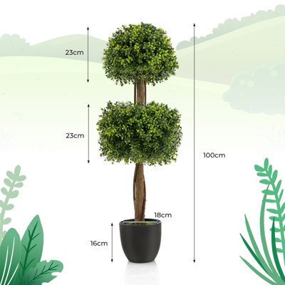 Costway 100CM Artificial Boxwood Topiary Double Ball Tree Faux Plant Fake Plant Home Decoration