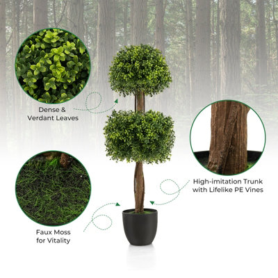 Costway 100CM Artificial Boxwood Topiary Double Ball Tree Faux Plant Fake Plant Home Decoration - 8