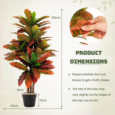 Costway 100CM Artificial Croton Plant Fake Croton Palm Tree W/Colorful Variegated Leaves