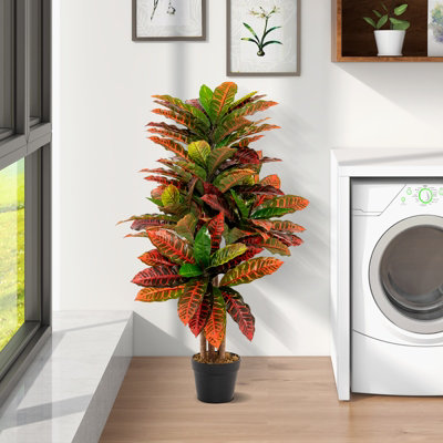 Costway 100CM Artificial Croton Plant Fake Croton Palm Tree W/Colorful Variegated Leaves - 3