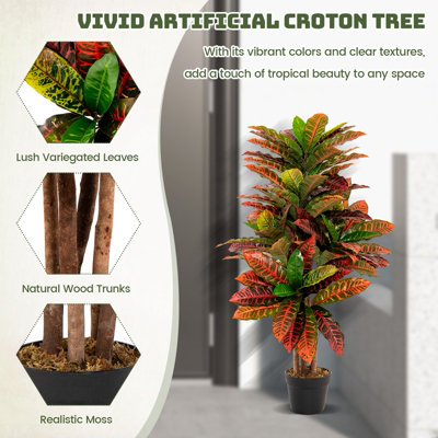 Costway 100CM Artificial Croton Plant Fake Croton Palm Tree W/Colorful Variegated Leaves - 6