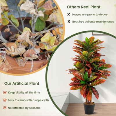Costway 100CM Artificial Croton Plant Fake Croton Palm Tree W/Colorful Variegated Leaves - 7