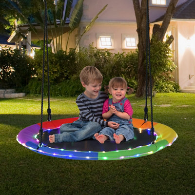 Costway 100cm Flying Saucer Tree Swing 8 Light Modes Hanging Round Swing 300kg Capacity