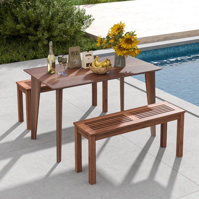 Costway 100cm Patio Wood Bench 2-Person Solid Wood Bench Dining Bench w/ Slatted Seat - 5