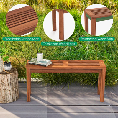 Costway 100cm Patio Wood Bench 2-Person Solid Wood Bench Dining Bench w/ Slatted Seat - 8