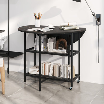COSTWAY 100cm Round Kitchen Table Modern Dining Table w/Drop Leaf Tabletop-Black