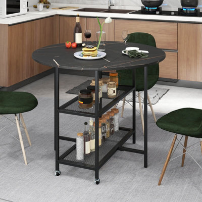 COSTWAY 100cm Round Kitchen Table Modern Dining Table w/Drop Leaf Tabletop-Black