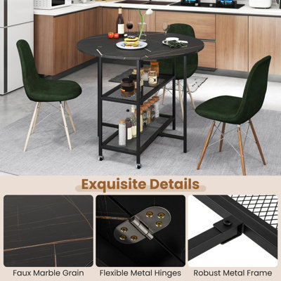 COSTWAY 100cm Round Kitchen Table Modern Dining Table w/Drop Leaf Tabletop-Black