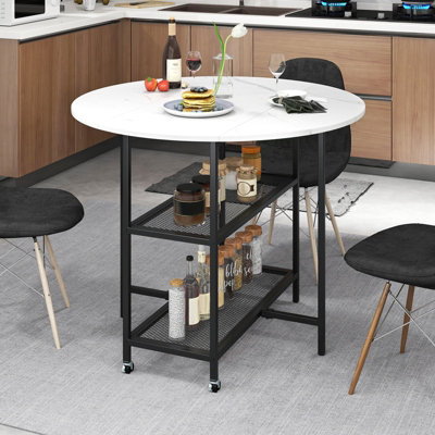 COSTWAY 100cm Round Kitchen Table Modern Dining Table w/Drop Leaf