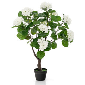 Costway 105cm Artificial Hydrangea Tree Fake Floral Potted Plant with 11 White Flowers