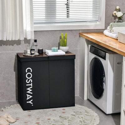 Costway 105L Laundry Hamper 2-Section Non-woven Fabric Laundry Basket w/ Lid Handles - 3