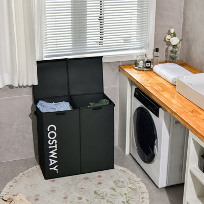 Costway 105L Laundry Hamper 2-Section Non-woven Fabric Laundry Basket w/ Lid Handles - 4