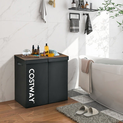 Costway 105L Laundry Hamper 2-Section Non-woven Fabric Laundry Basket w/ Lid Handles - 5