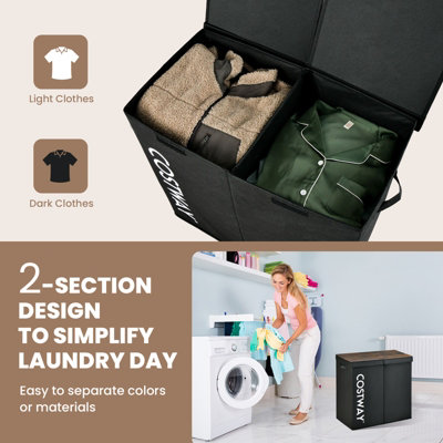 Costway 105L Laundry Hamper 2-Section Non-woven Fabric Laundry Basket w/ Lid Handles - 6