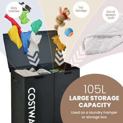 Costway 105L Laundry Hamper 2-Section Non-woven Fabric Laundry Basket w/ Lid Handles - 7