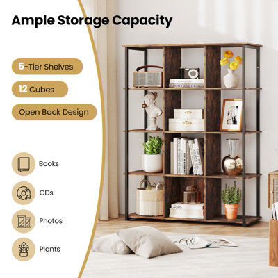 COSTWAY 12-Cube Bookcase Tall Freestanding Bookshelf Industrial Open Shelf