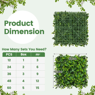 COSTWAY 12 Pcs Artificial Grass Wall Panels 50 x 50cm Faux Greenery Foliage Panels