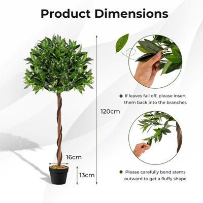Costway 120 CM Artificial Bay Laurel Tree Fake Greenery Potted Plant with 741 Bay Leaves