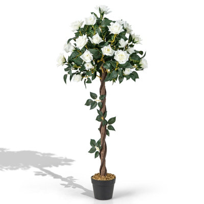 Costway 120 CM Artificial Flower Tree Faux Floral Plant W/ White Roses Greenery Potted