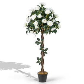 Costway 120 CM Artificial Flower Tree Faux Floral Plant W/ White Roses Greenery Potted
