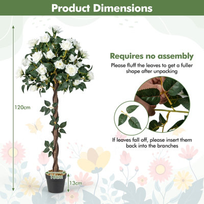 Costway 120 CM Artificial Flower Tree Faux Floral Plant W/ White Roses Greenery Potted